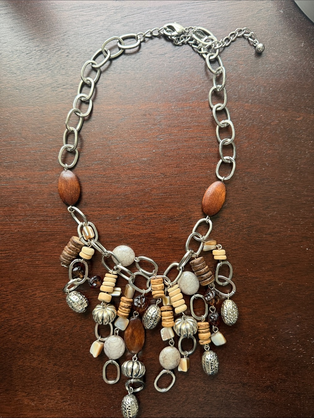 Chico's Wood Bead and Silver-Tone Dangle Necklace - Brown & Silver